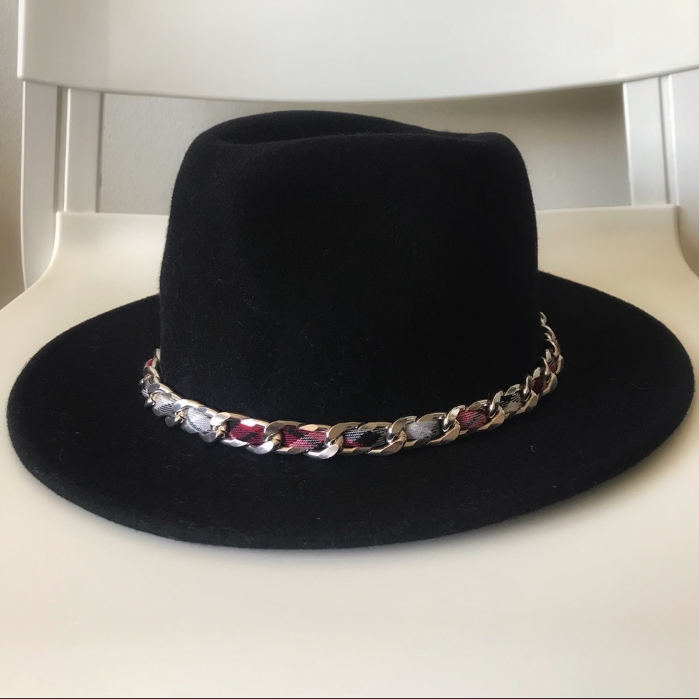 ZARA Felt Black Hat with Plaid & Chain Detail